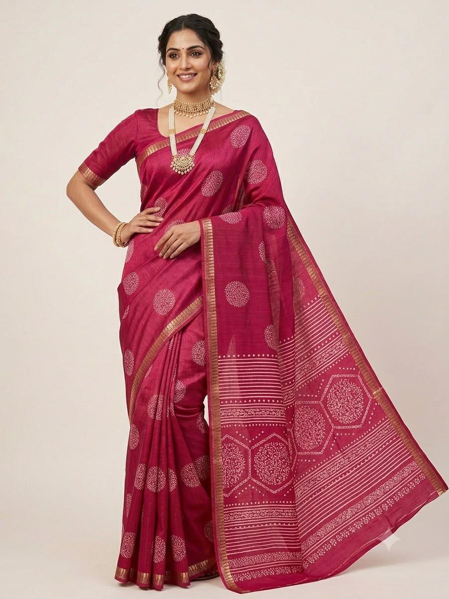 Magenta Pink Printed Chanderi Saree with Zari Border