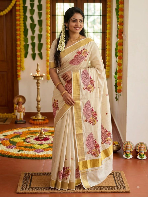Off-White Kerala Kasavu Saree with Peacock Embroidery & Golden Zari Border