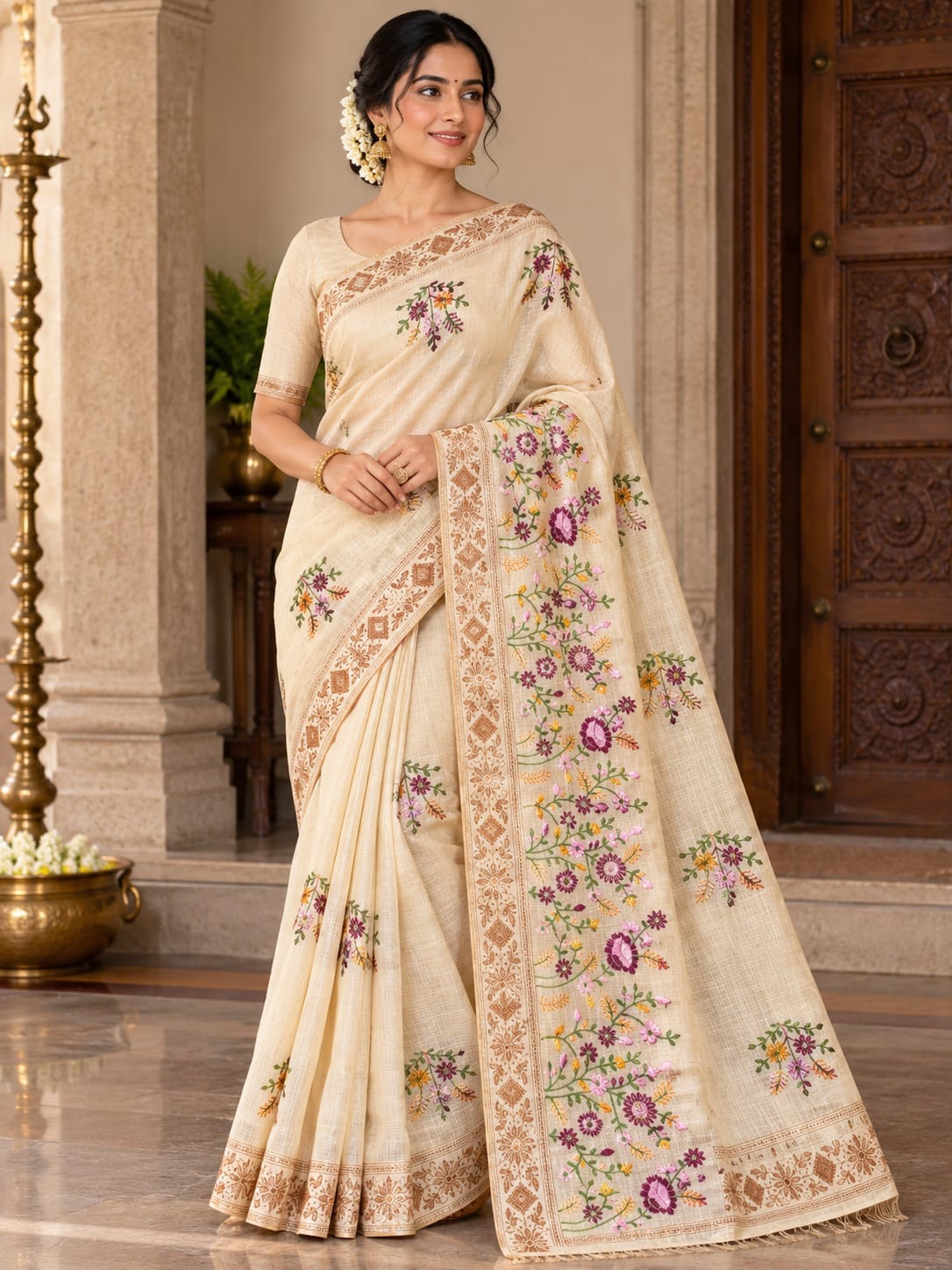Beige Casual Saree with Flower Embroidery & Brown Zari Border