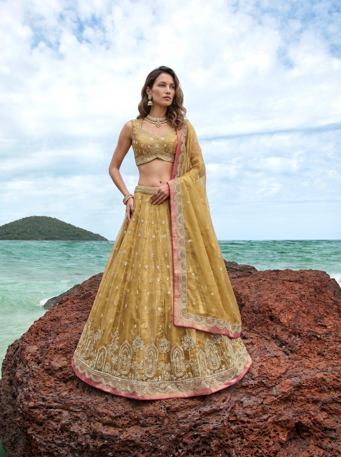 Golden Tissue Embroidered Lehenga