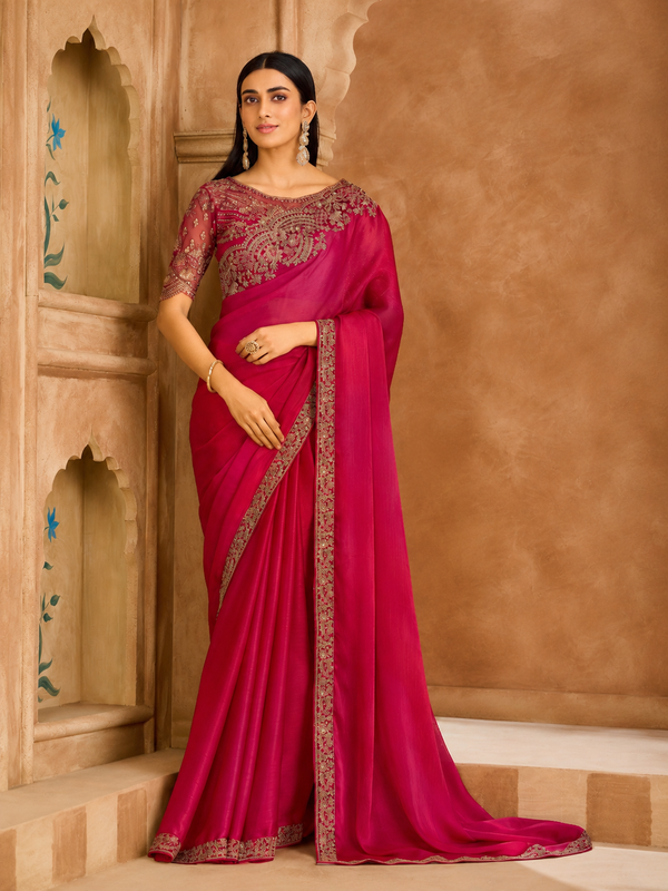 Rich Pink Satin Chiffon Saree & Satin Work Blouse