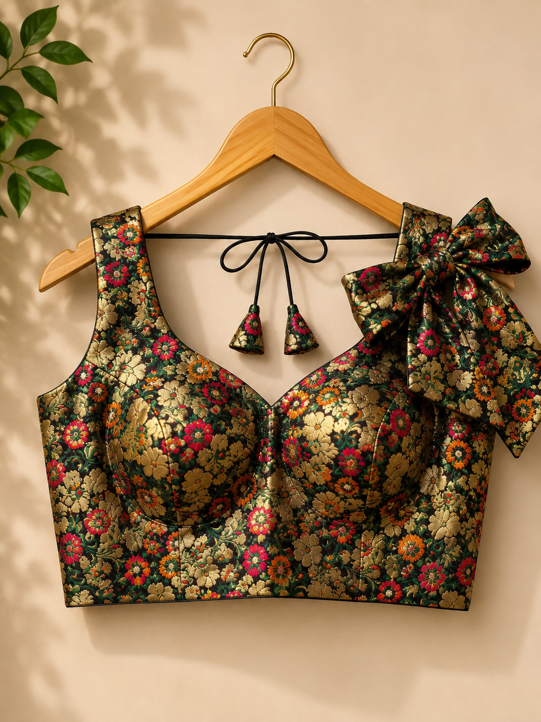 Black Floral Brocade Saree Blouse with Statement Bow Accent