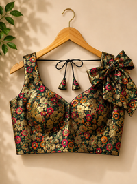 Black Floral Brocade Saree Blouse with Statement Bow Accent