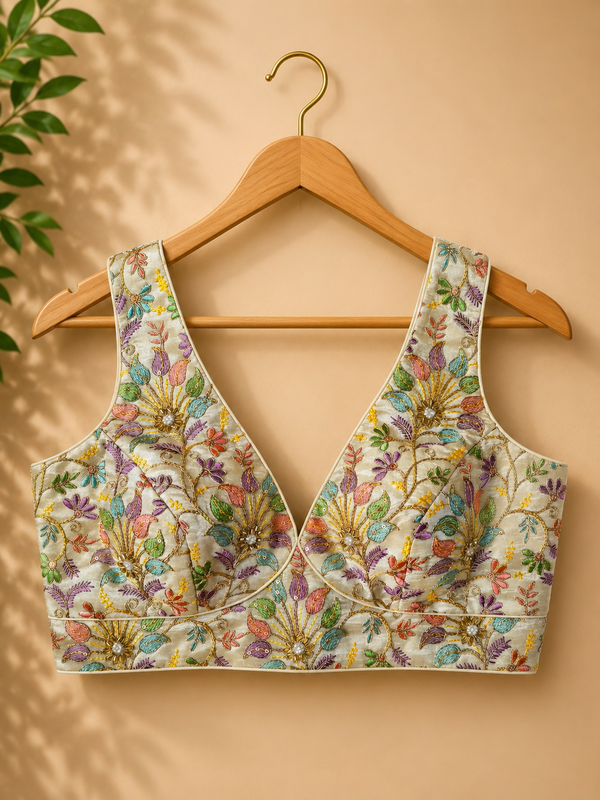 Ivory Floral Embroidered Saree Blouse with Multicolor Threadwork