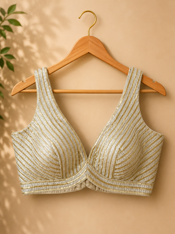 Women's Ivory Gold Striped Silk Brocade Readymade Saree Blouse