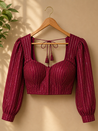 Women's Maroon Embellished Readymade Saree Blouse with Puff Sleeves