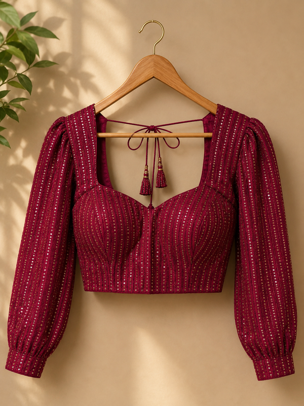 Women's Maroon Embellished Readymade Saree Blouse with Puff Sleeves