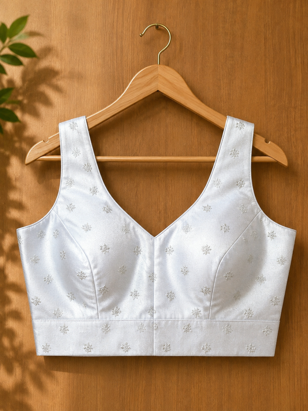 White Jacquard Sleeveless V-Neck Readymade Saree Blouse for Women