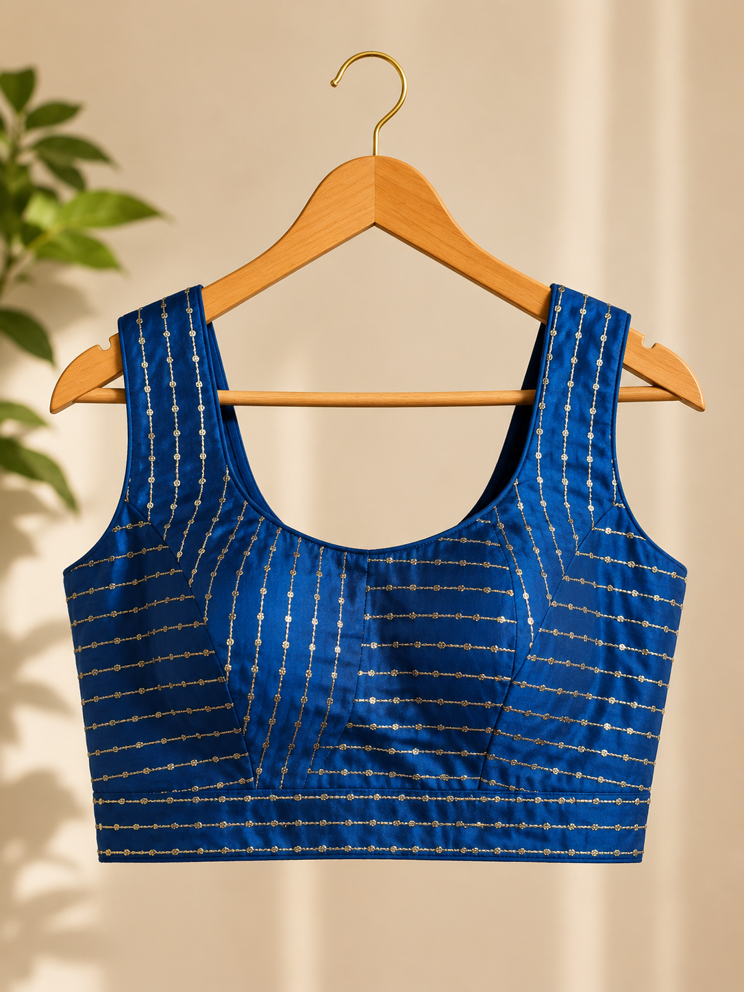 Royal Blue Sleeveless Saree Blouse with Gold Striped Embroidery