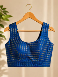 Royal Blue Sleeveless Saree Blouse with Gold Striped Embroidery