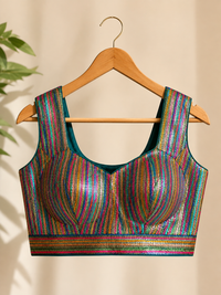 Women's Multicolor Striped Silk Brocade Readymade Saree Blouse