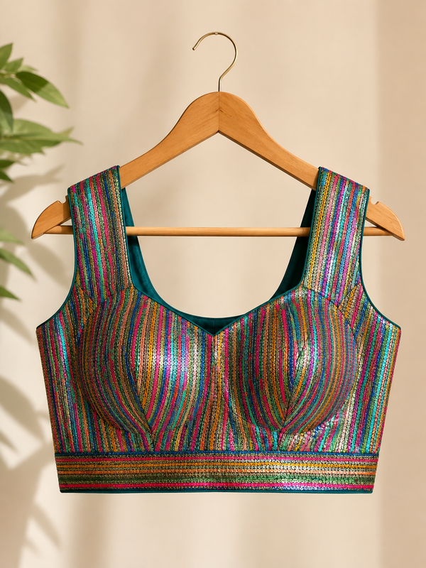 Women's Multicolor Striped Silk Brocade Readymade Saree Blouse