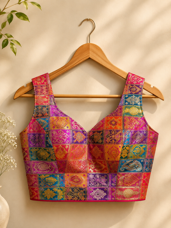 Women's Multicolor Silk Brocade Readymade Saree Blouse