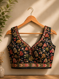 Women's Black Embroidered Readymade Saree Blouse