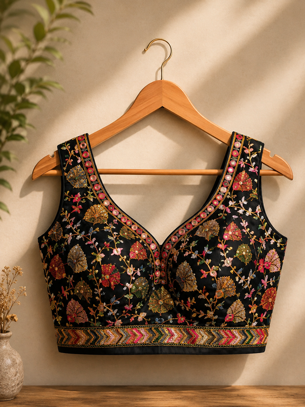 Women's Black Embroidered Readymade Saree Blouse