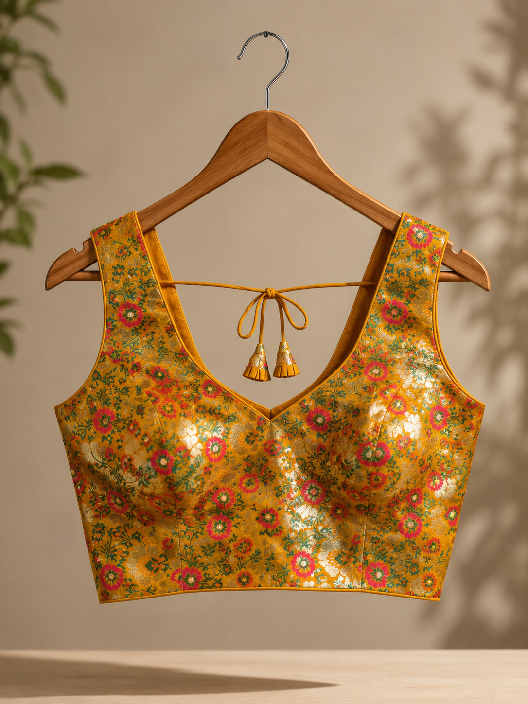 Women's Mustard Floral Silk Brocade Readymade Saree Blouse