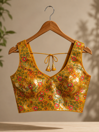 Women's Mustard Floral Silk Brocade Readymade Saree Blouse
