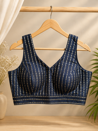 Women's Navy Blue Striped Silk Brocade Readymade Saree Blouse