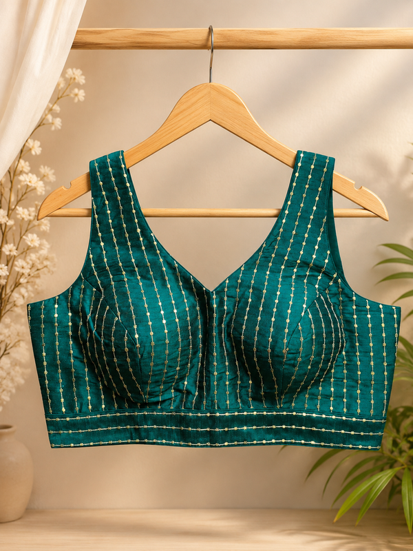 Women's Teal Green Striped Silk Brocade Readymade Saree Blouse