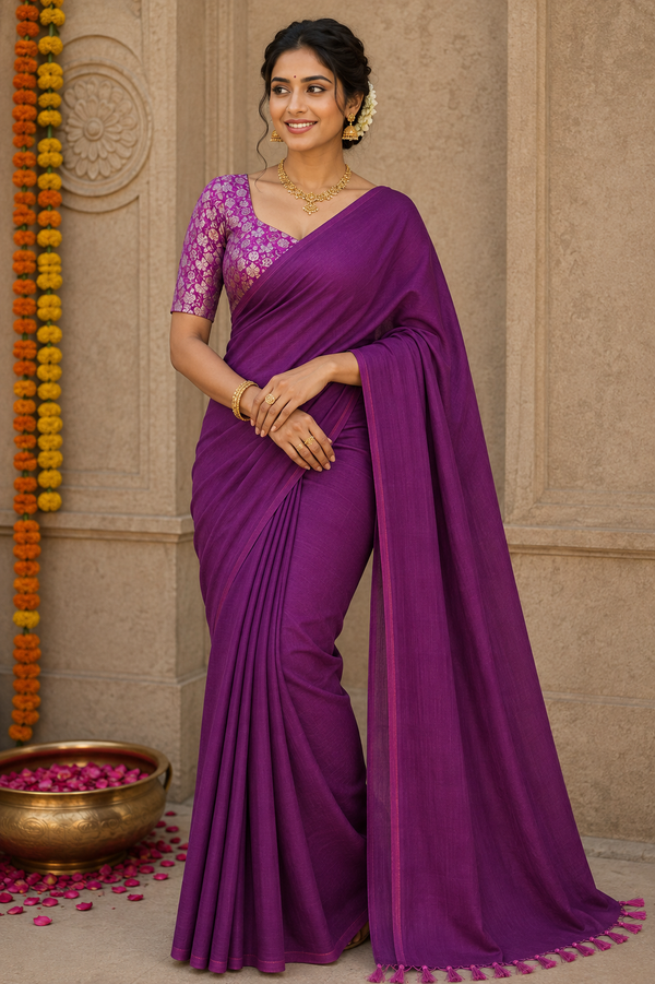 Purple Textured Saree with Pink and Gold Brocade Blouse