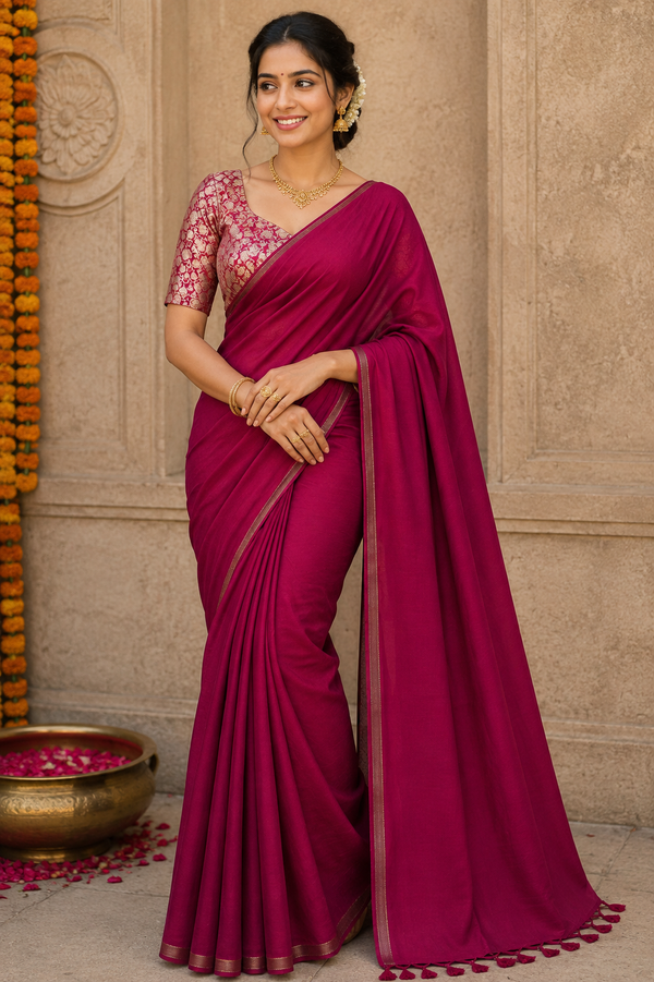 Magenta Saree with Gold Floral Brocade Blouse and Tassel Border