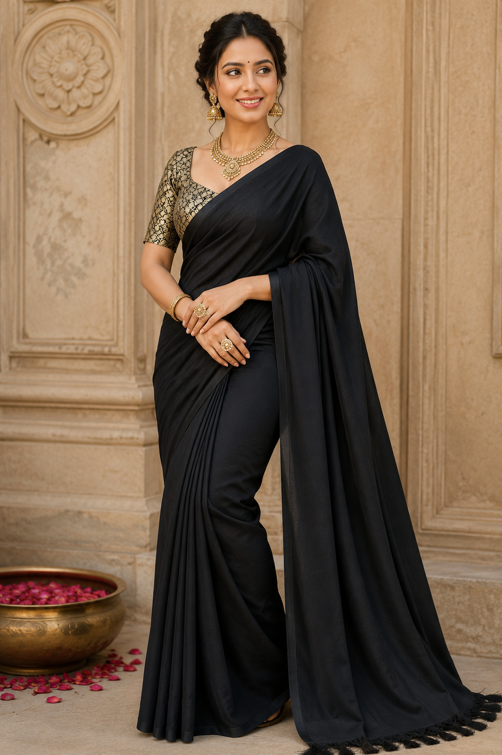 Black Saree with Gold Patterned Blouse and Elegant Tassel Detail