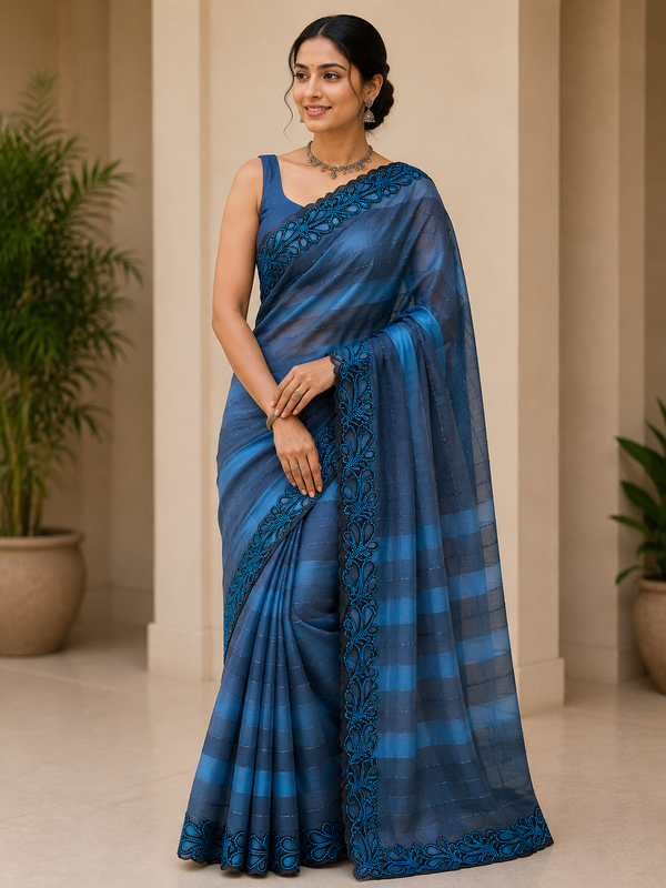 Royal Blue Striped Saree with Floral Embroidered Border