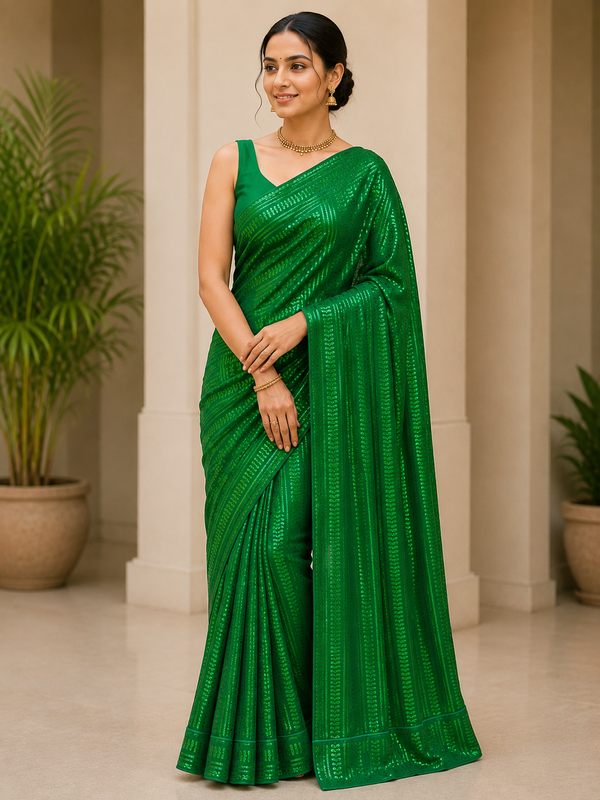 Emerald Green Printed Saree with Shimmering Striped Pattern