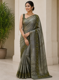 Olive Grey Saree with Yellow Floral Border and Striped Detail