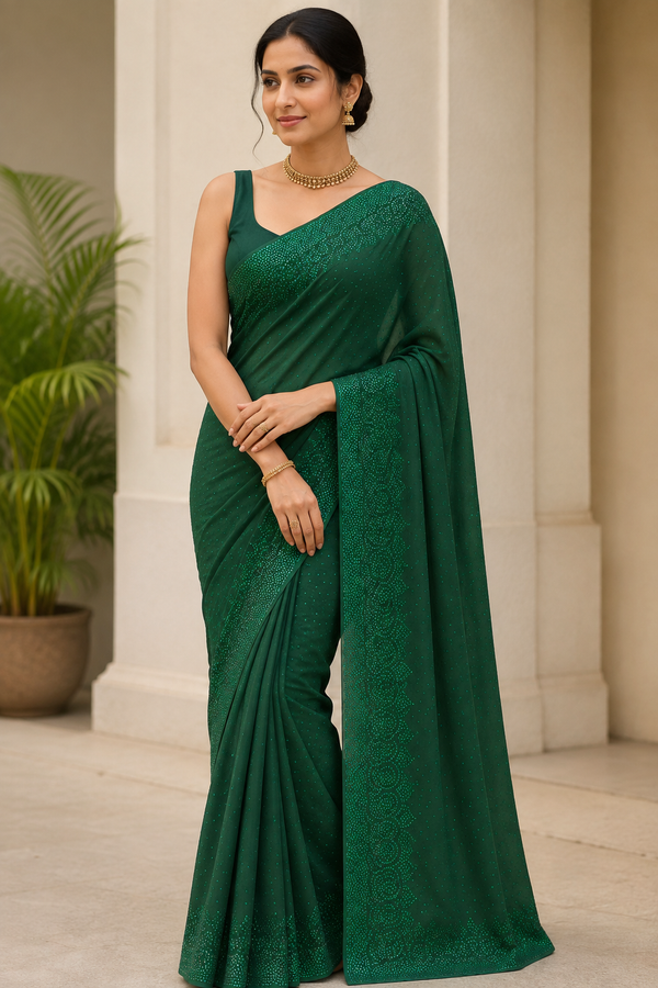 Emerald Green Embellished Saree with Intricate Dotted Border