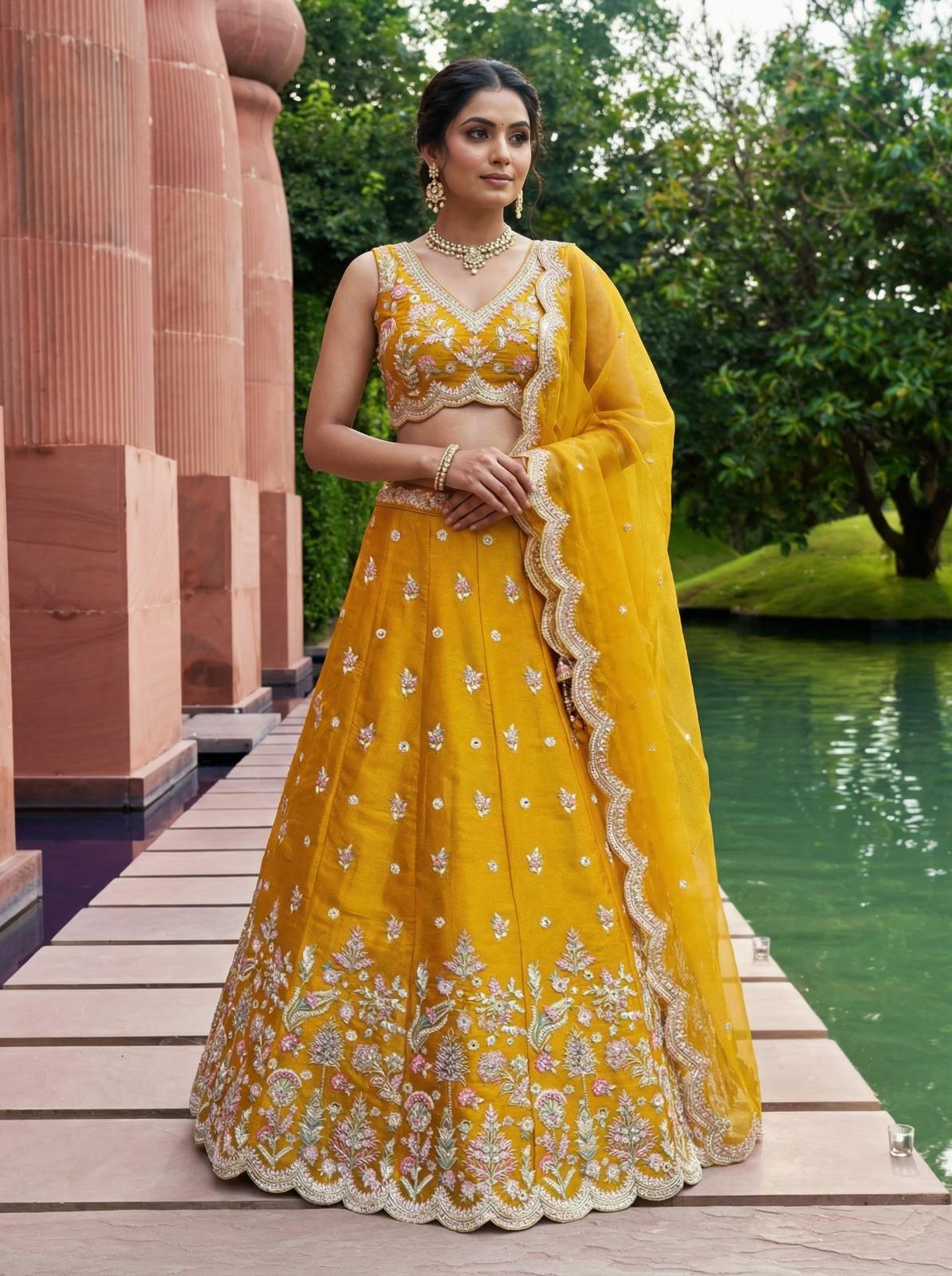 Marigold Yellow Floral Embroidered Lehenga