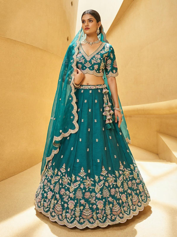 Teal Blue Floral Embroidered Lehenga