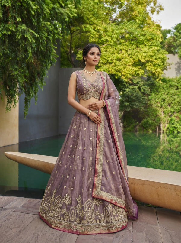 Mauve Organza Embroidered Lehenga