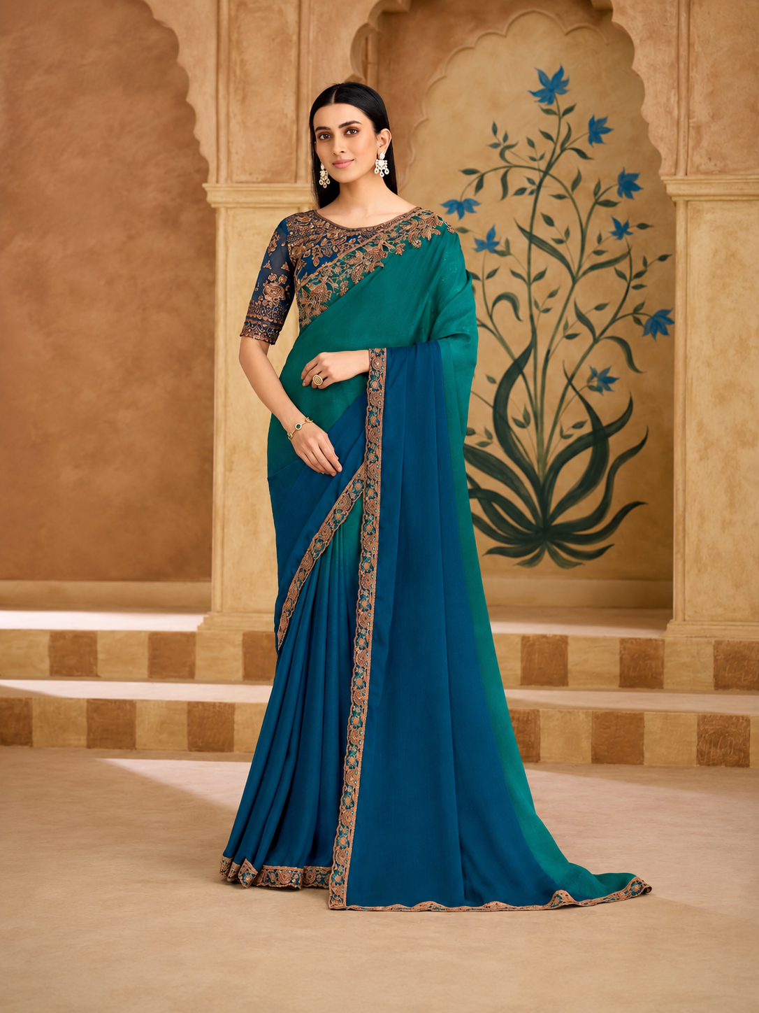 Sparkle Shaded Chiffon Saree & Bangalori Work Blouse