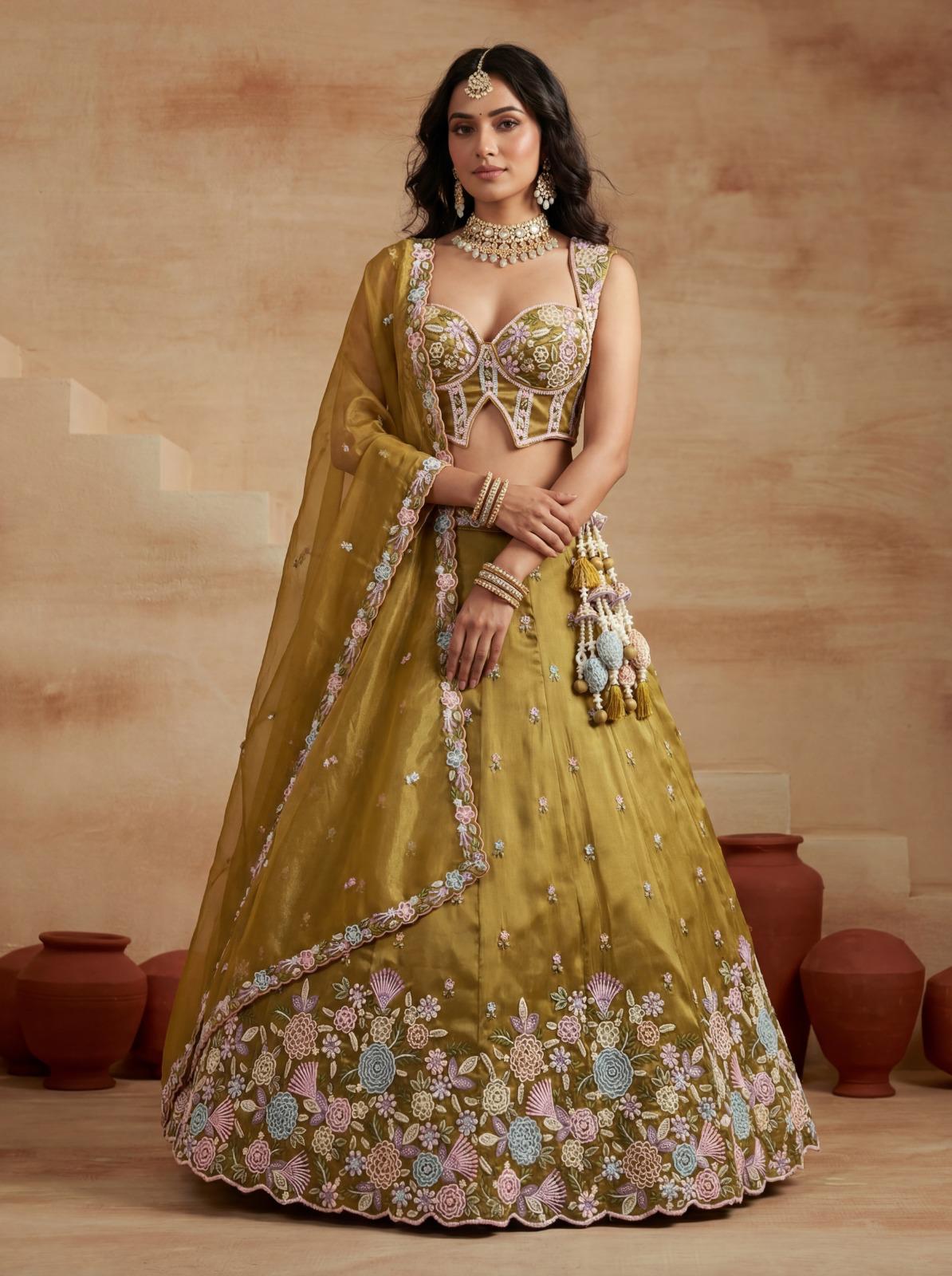 Mehendi Green Floral Corset Lehenga