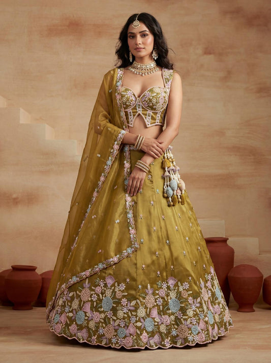 Mehendi Green Floral Corset Lehenga