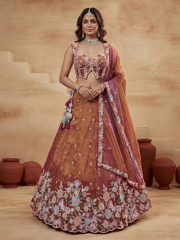 Rust Copper Floral Organza Lehenga