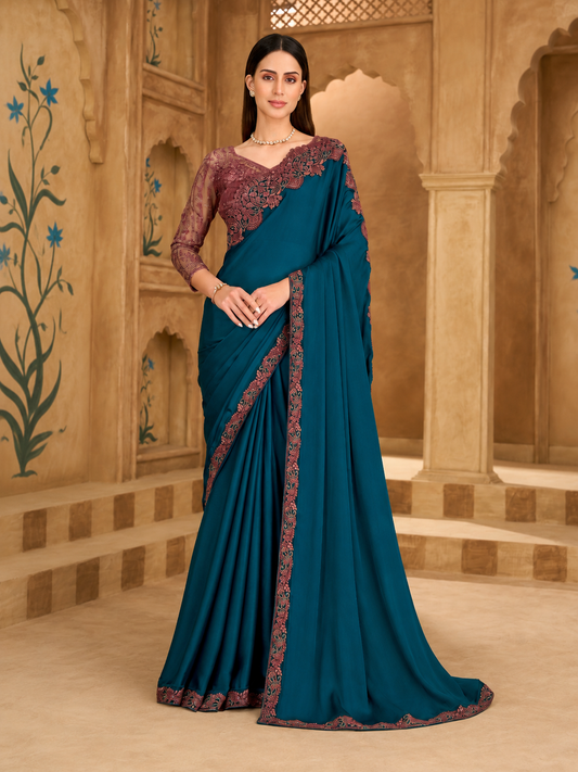 Till Blue Sartin Chiffon Saree & Banglori Work Blouse