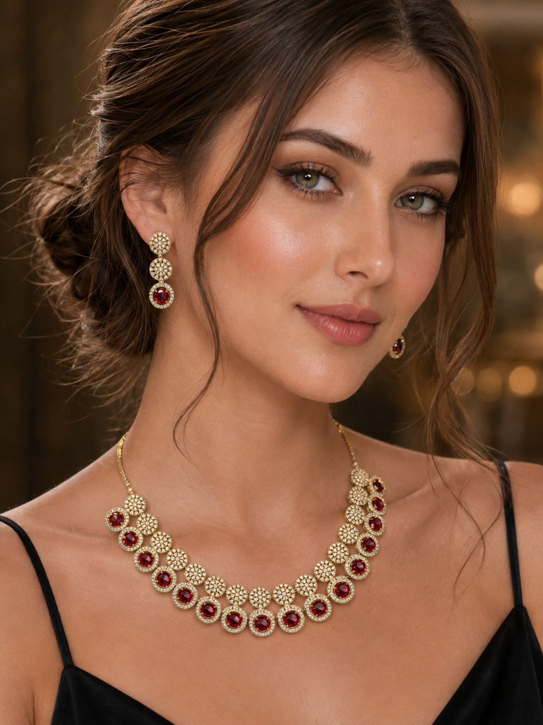 Elara — Ruby Sunburst Necklace & Earring Set