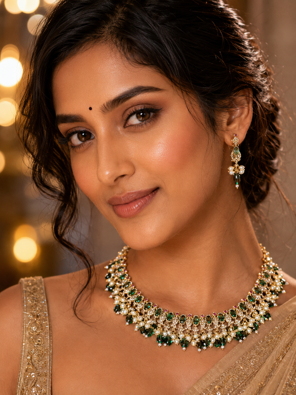 Zara Emerald — Pearl Cluster Choker Necklace & Earring Set