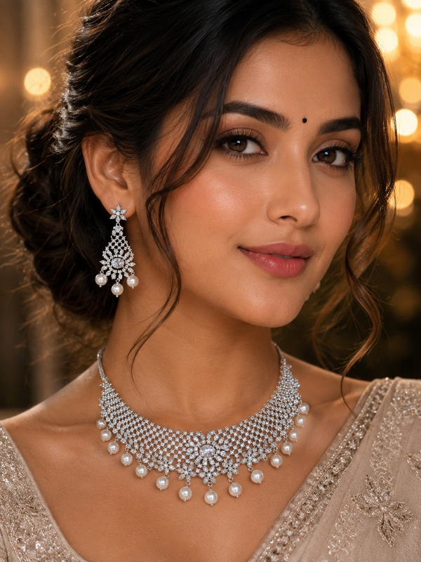 Marielle Pearl — Diamond Mesh Bib Necklace & Earring Set