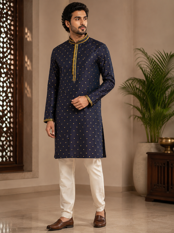 Navy Blue Printed Kurta with Golden Motifs & Cream Pyjama
