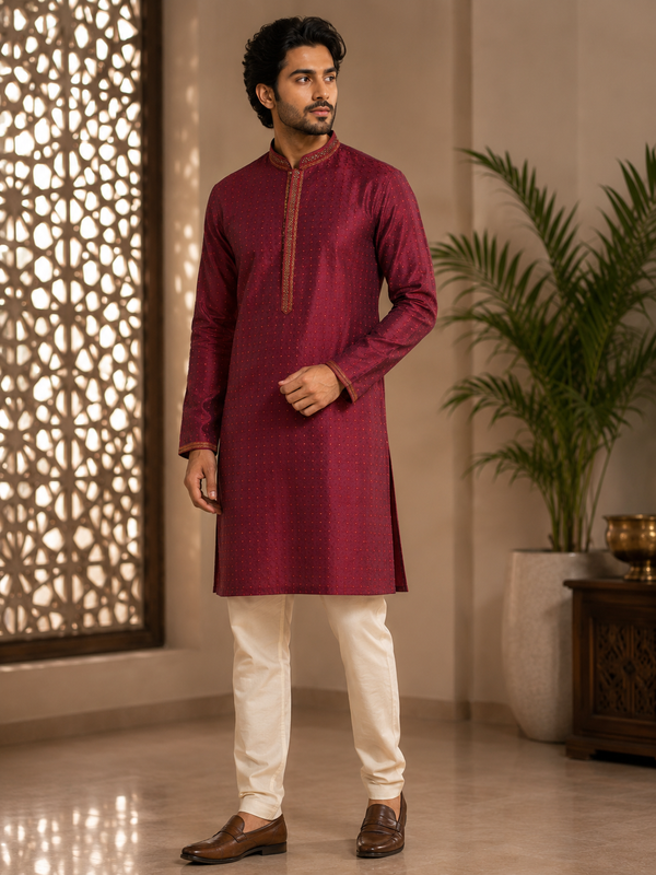 Maroon Embroidered Kurta with Contrast Collar Detailing