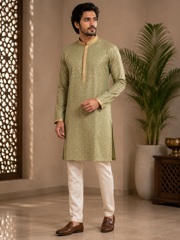Sage Green Foil Print Kurta for Men | Golden Diamond Motifs