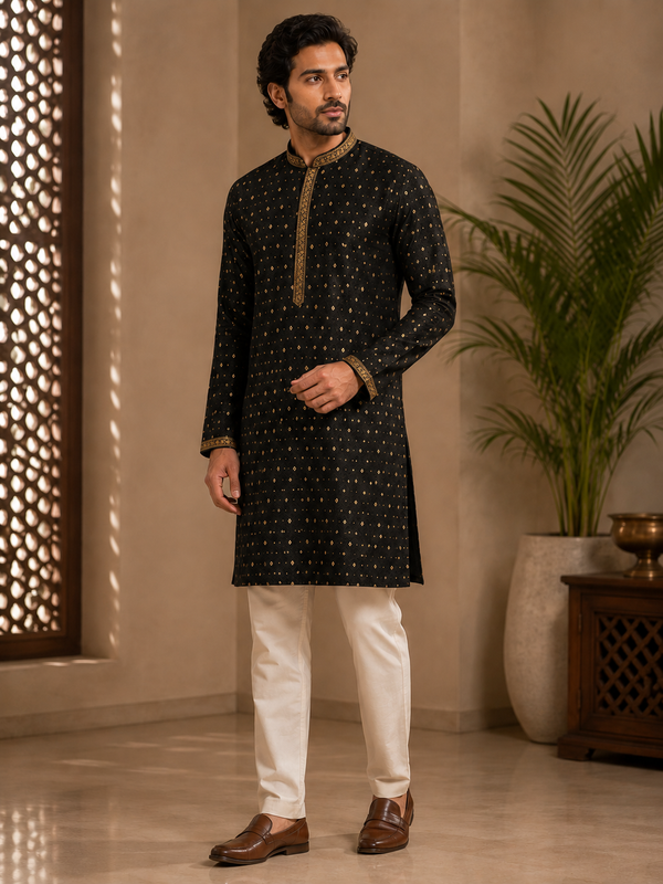 Jet Black Kurta with Golden Diamond Print & Bordered Placket