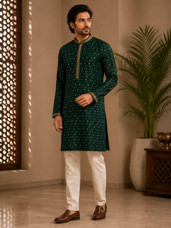 Bottle Green Diamond Print Kurta with Golden Bordered Collar