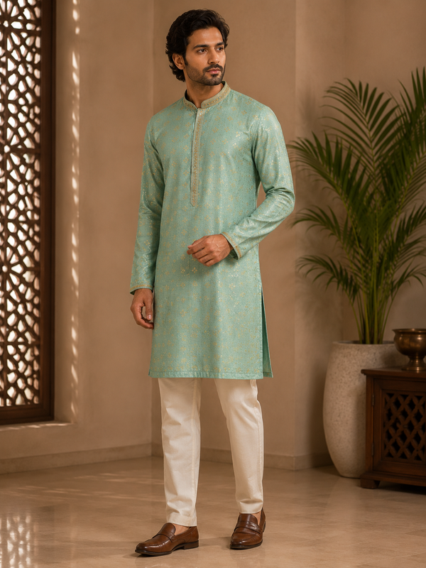 Mint Green Kurta with Golden Floral Jaal Print for Men