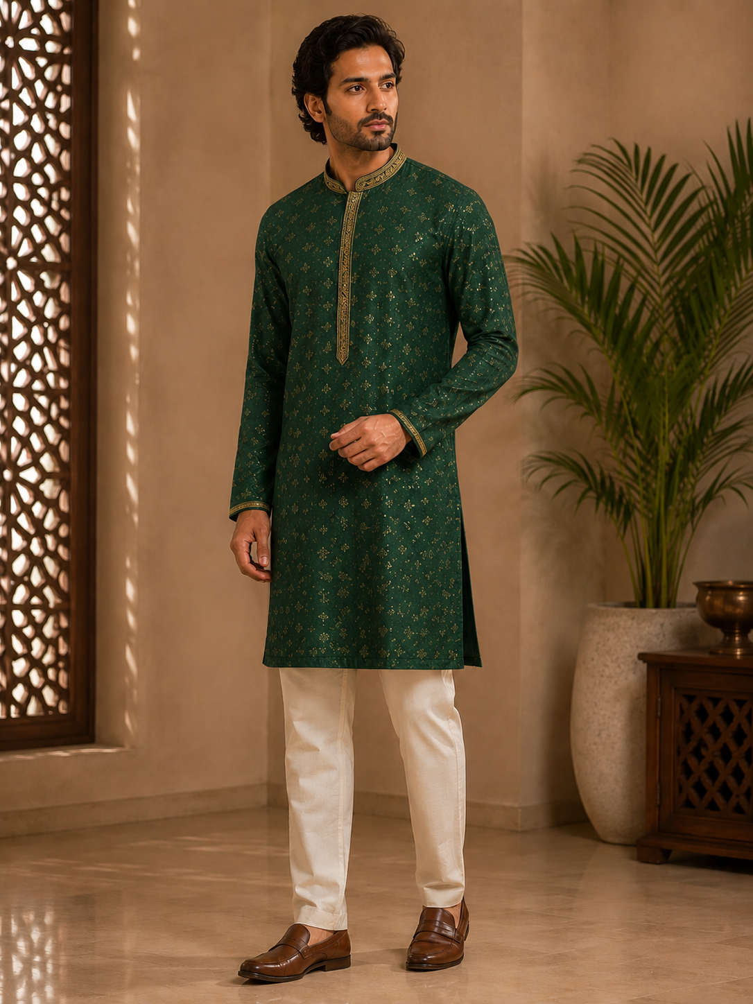 Forest Green Kurta with Scattered Gold Floral Motifs