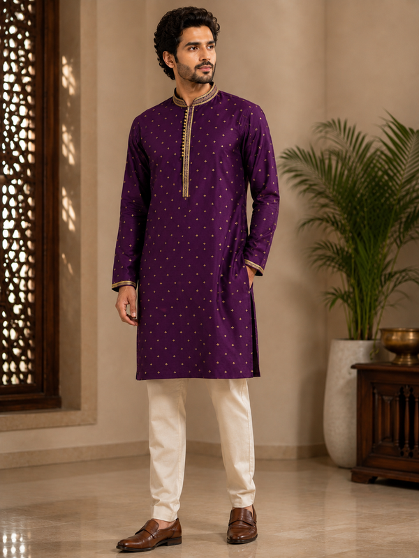 Deep Purple Kurta Detailed with Golden Diamond Motif Print