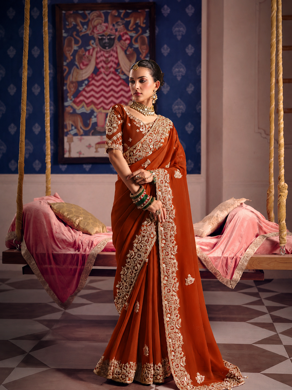 Rust Brown Georgette Saree with Ivory Thread Embroidered Border